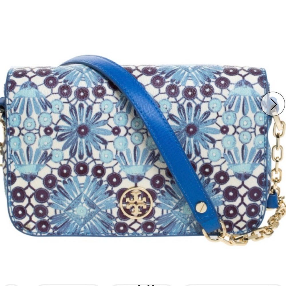 Tory Burch Blue Floral Embroidered Crossbody Bag